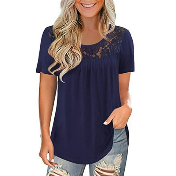 HAPIMO Women's Fashion Shirts Solid Color Print Tops Short Sleeve Tees Pleat Flowy Tunic Blouses Hide Belly Lace Crochet Clothes for Girls Crewneck T-shirt Navy M Sales