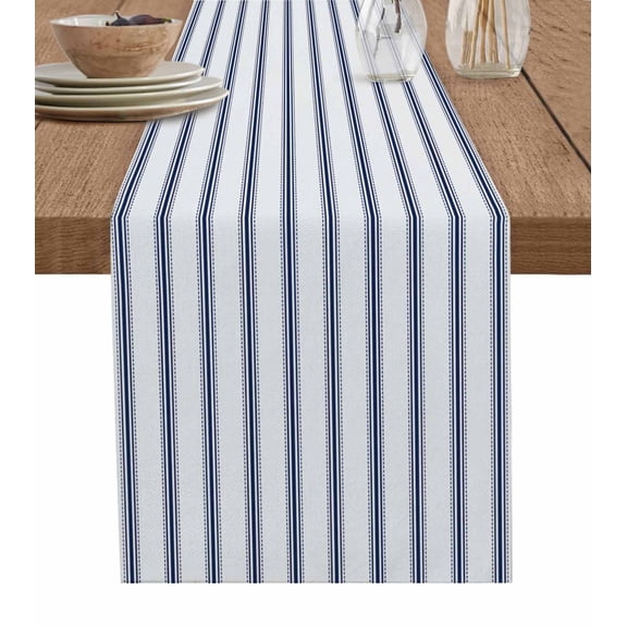 Table Runner 60 Inches Long for Kitchen Dining, Navy Blue Striped Dresser Scarf Farmhouse, Dining Table Decorations for Wedding/Parties, Navy Blue White Stripes Farmhouse 13 x 60 In
