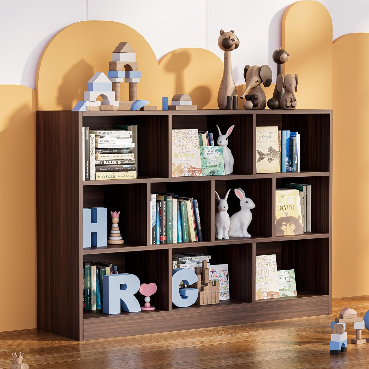 Cozy Castle Wood Bookshelf, 3-Tier Open Shelf Bookcase, 10 Cube Storage Organizer with Anti-Tilt Device, Freestanding Book Storage Shelves for Bedroom, Living Room,Brown