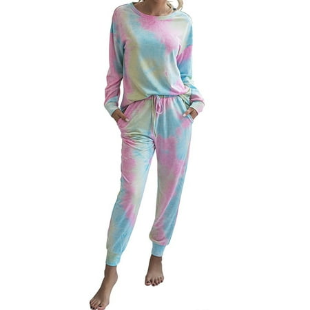 Women Tie-dye Pajamas Two Piece Sets Casual Round Neck Long-sleeved Top ...