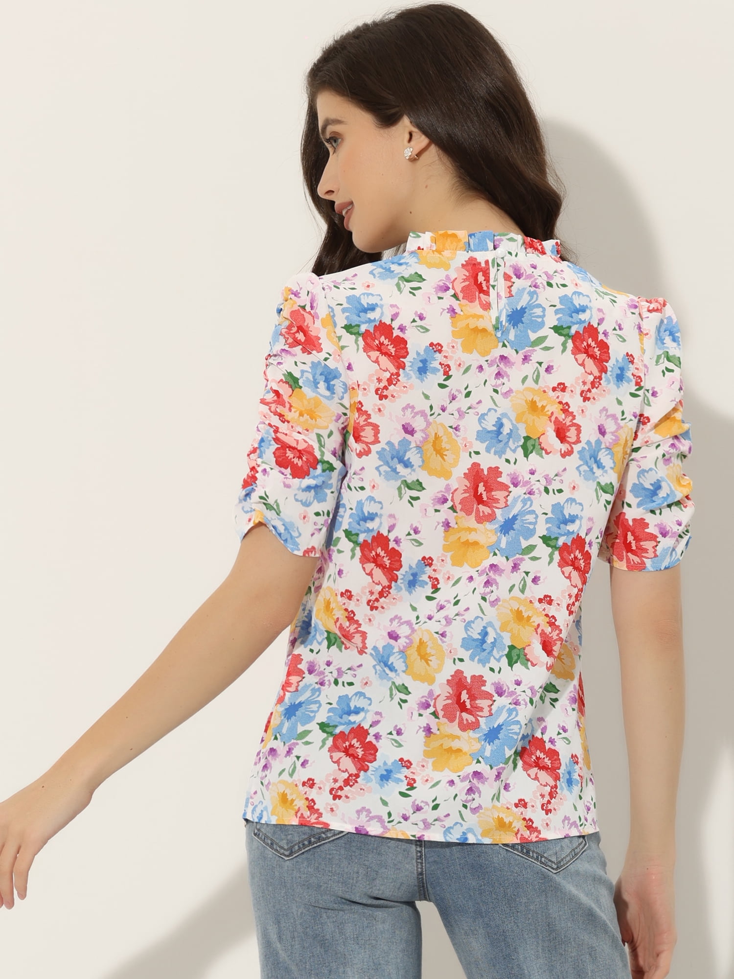 DARING DIVA Floral Ruffle Puff Half Sleeves Chiffon Top S White