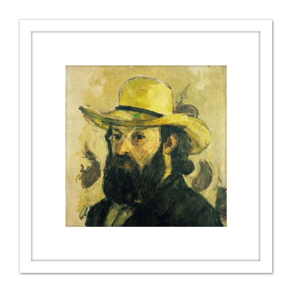 Paul Cezanne Portrait De L Artiste Au Chapeau De Paille 8X8 Inch Square Wooden Framed Wall Art Print Picture with Mount