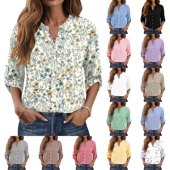 Button Down Shirt for Women 3/4 Length Sleeve Cotton Collared Loose Fit Business Casual Summer