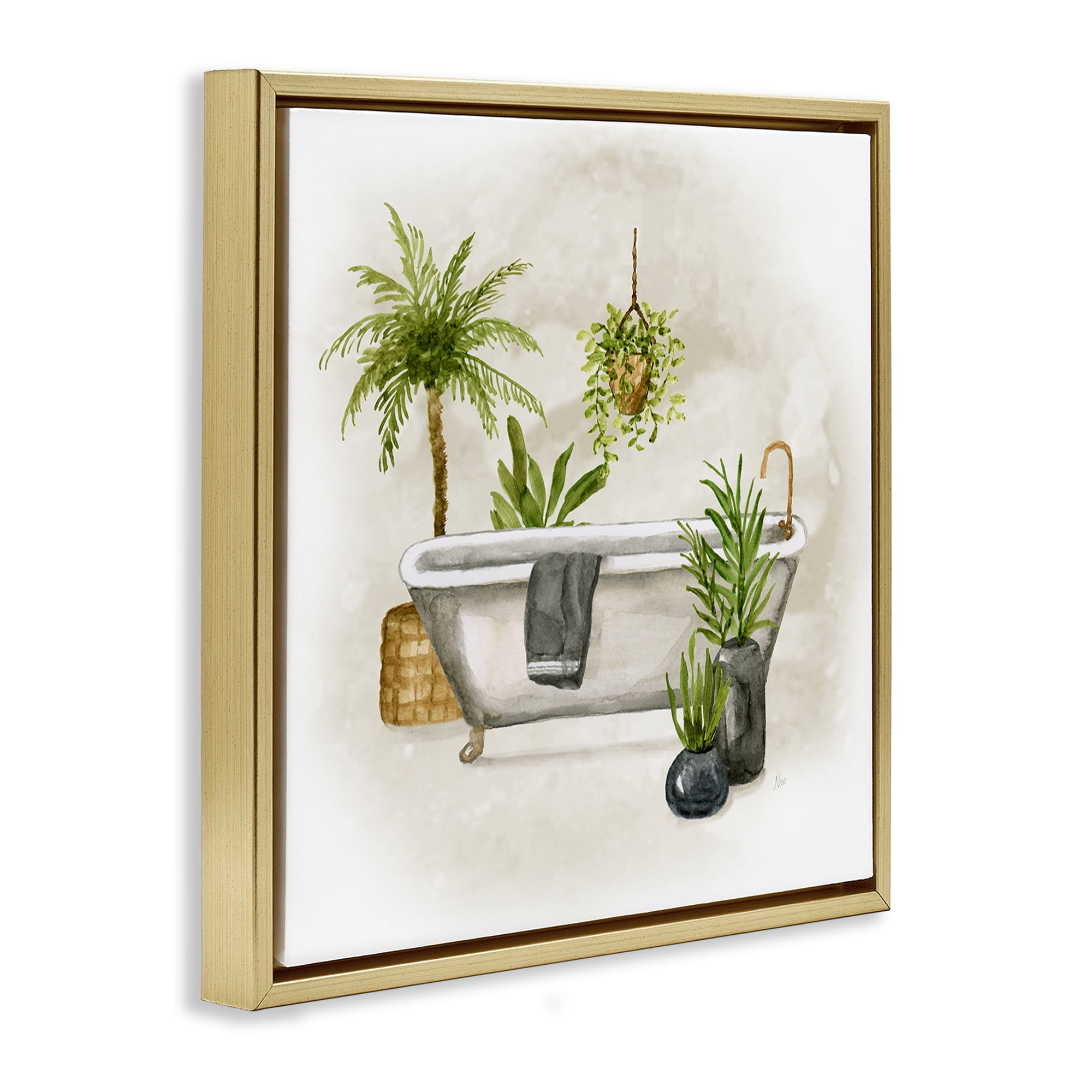 Stupell Industries Plant Filled Bathroom Bath & Laundry Painting Gold Floater Framed Canvas Art Print Wall Art, 25 x 25