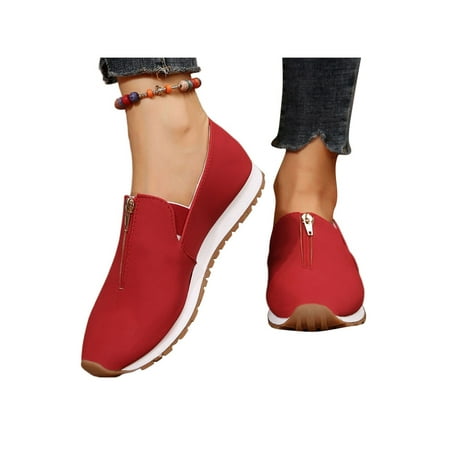 

Gomelly Women Slip on Shoes Casual Sneakers Non-Slip Casual Shoes Slip On Flats Fashion Walking Shoe Red 5.5