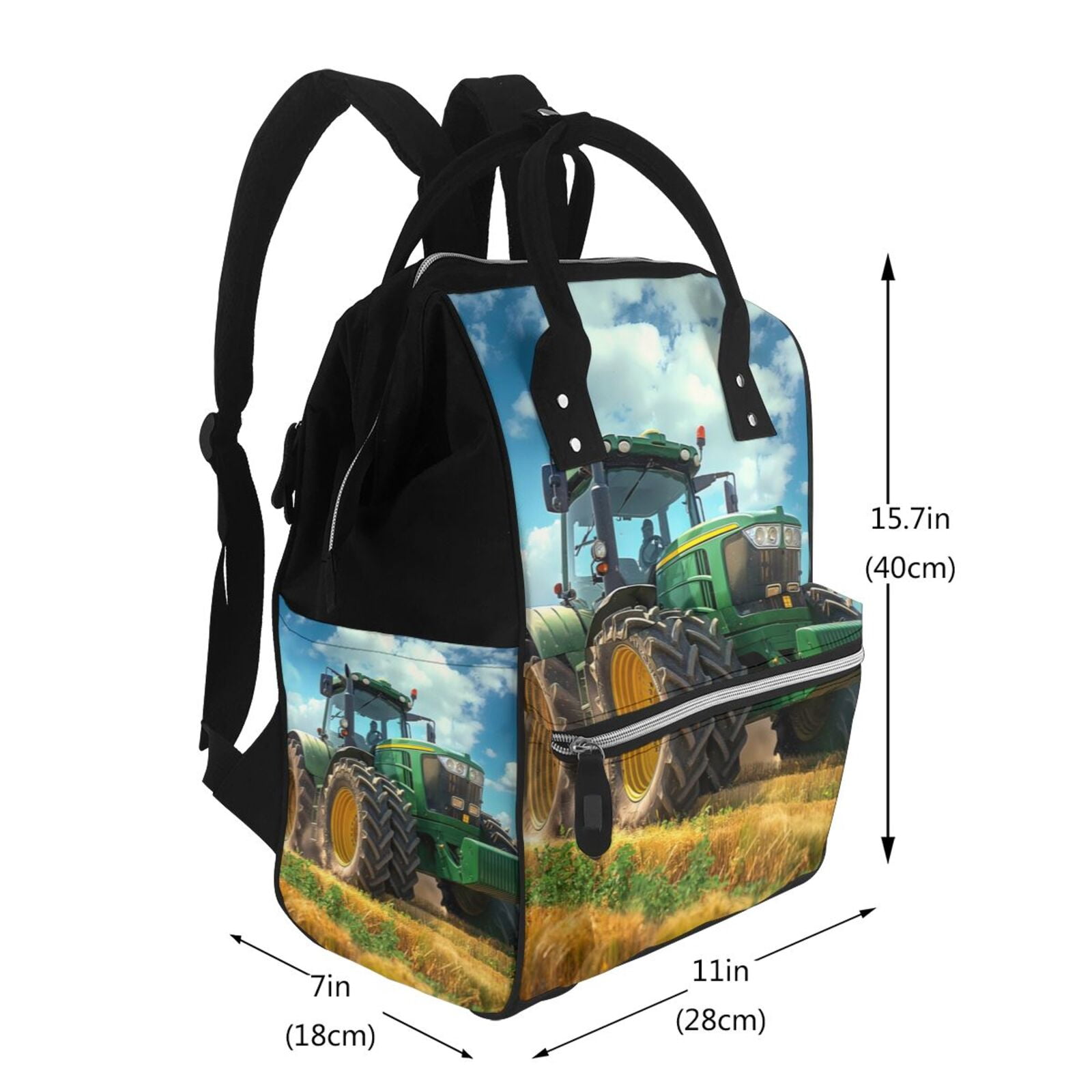 Ratiio Green Tractor Field Mummy Backpack - Waterproof Twill Canvas, Large Capacity Diaper Bag with Multiple Pockets and Adjustable Straps