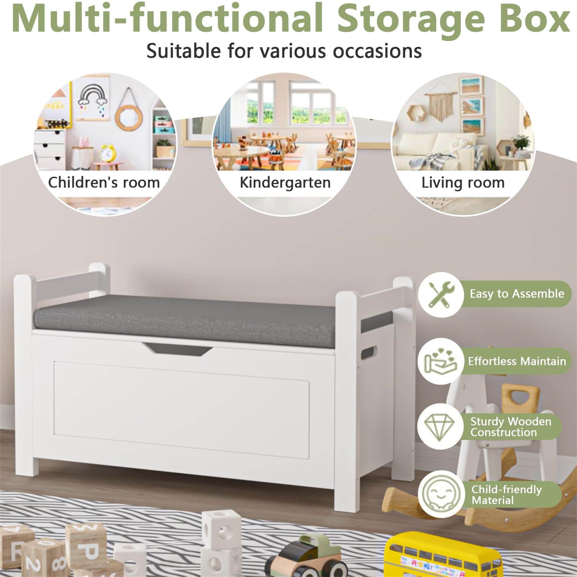 Demi Bonn 35" Storage Bench with Cushion, Lift-Top Toy Storage Organizer Trunk with 2 Safety Hinges, Wood Storage Box Chest for Bedroom, Entryway, Living Room, White