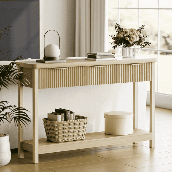 Laintene Fluted Console Table, 51" Narrow Entryway Table with 3 Drawers, Wood Console Sofa Table with Storage Open Shelf, Modern Display Shelf for Living Room Wall Hallway Foyer, Natural Oak