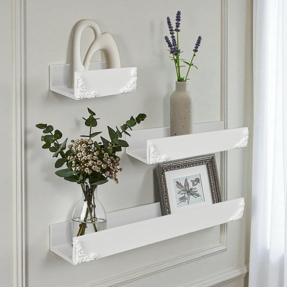 American Art Decor Vintage Ornate 3-Piece Floating Wall Shelf Set, White Shabby Chic French Country Carved Wall Ledge Decor for Small Display & Gallery (Leaf Motifs Trim)