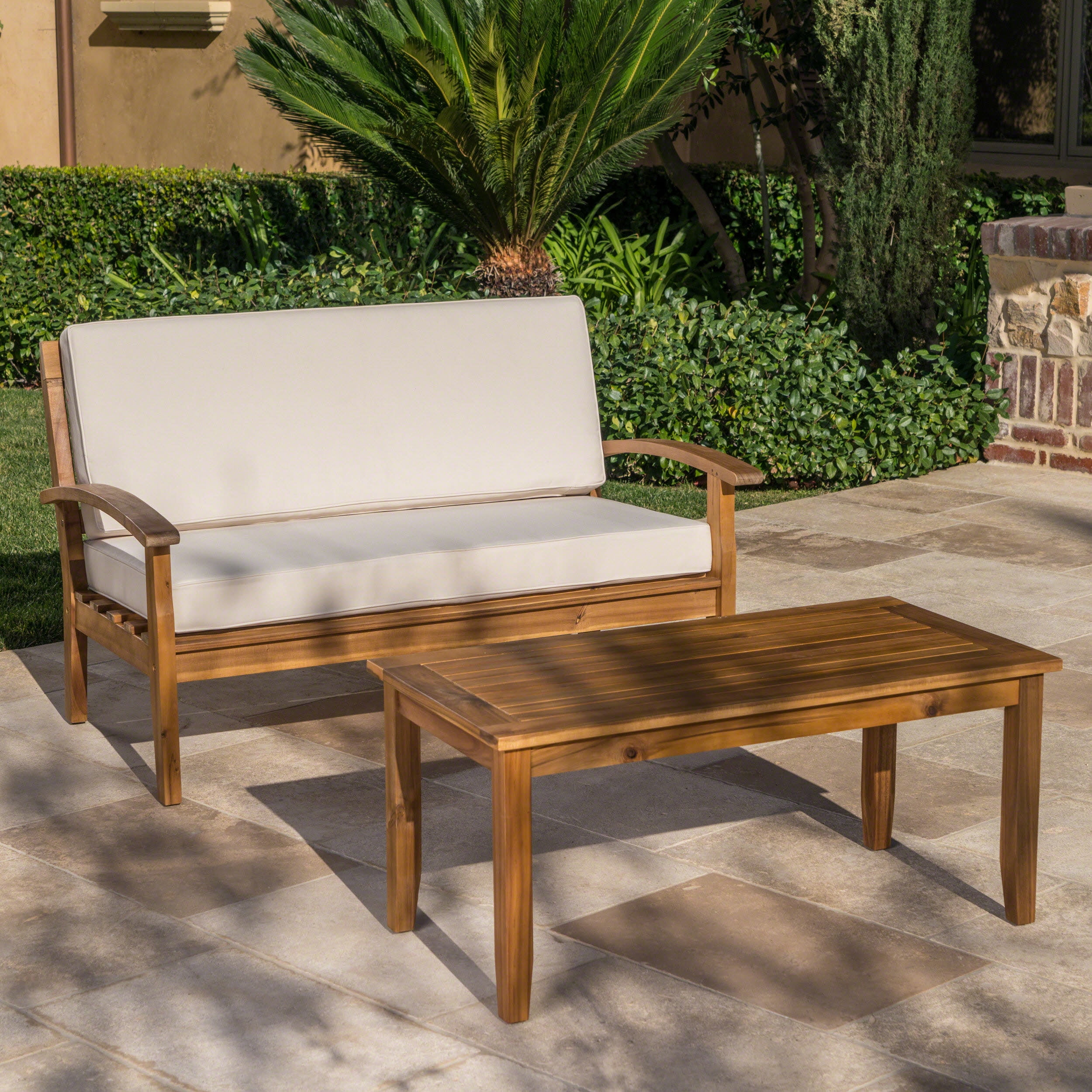 Outdoor Loveseat and Coffee Table Combined Leisure Set, Acacia Wood Frame Furniture for Patio Garden, Beige
