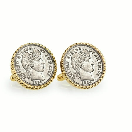 1800's Silver Barber Dime Goldtone Rope Bezel Coin Cuff Links