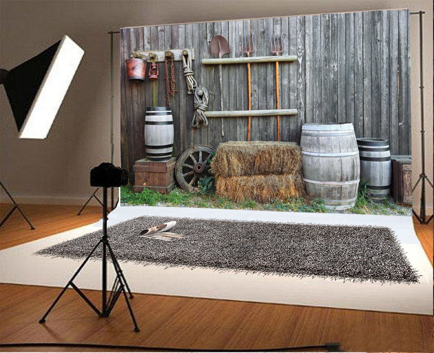GoEoo 7x5ft Polyester Countryside Farm Party Backdrop Rustic Outdoor Farmland Hay Mow Haystack Autumn Havest Scene Hay Bale in Field Photography Background Cloth Photo Studio Props No Wrinkle 
