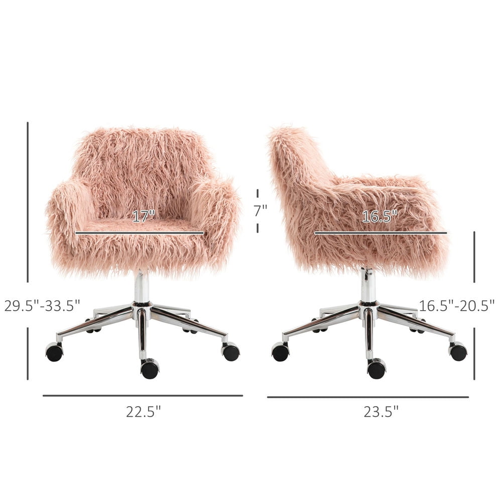 Demi Bonn Faux Fur Home Office Chair, Height Adjustable 360 Degree Swivel Rolling Desk Chair with Arms and Wheels, Pink