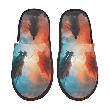 Balery Red And Blue Sky Dragon Slient Indoor Furry Fleece Comfort House Shoes Soft Non-Slip Home Shoes Cotton slippers House Slippers-- Large