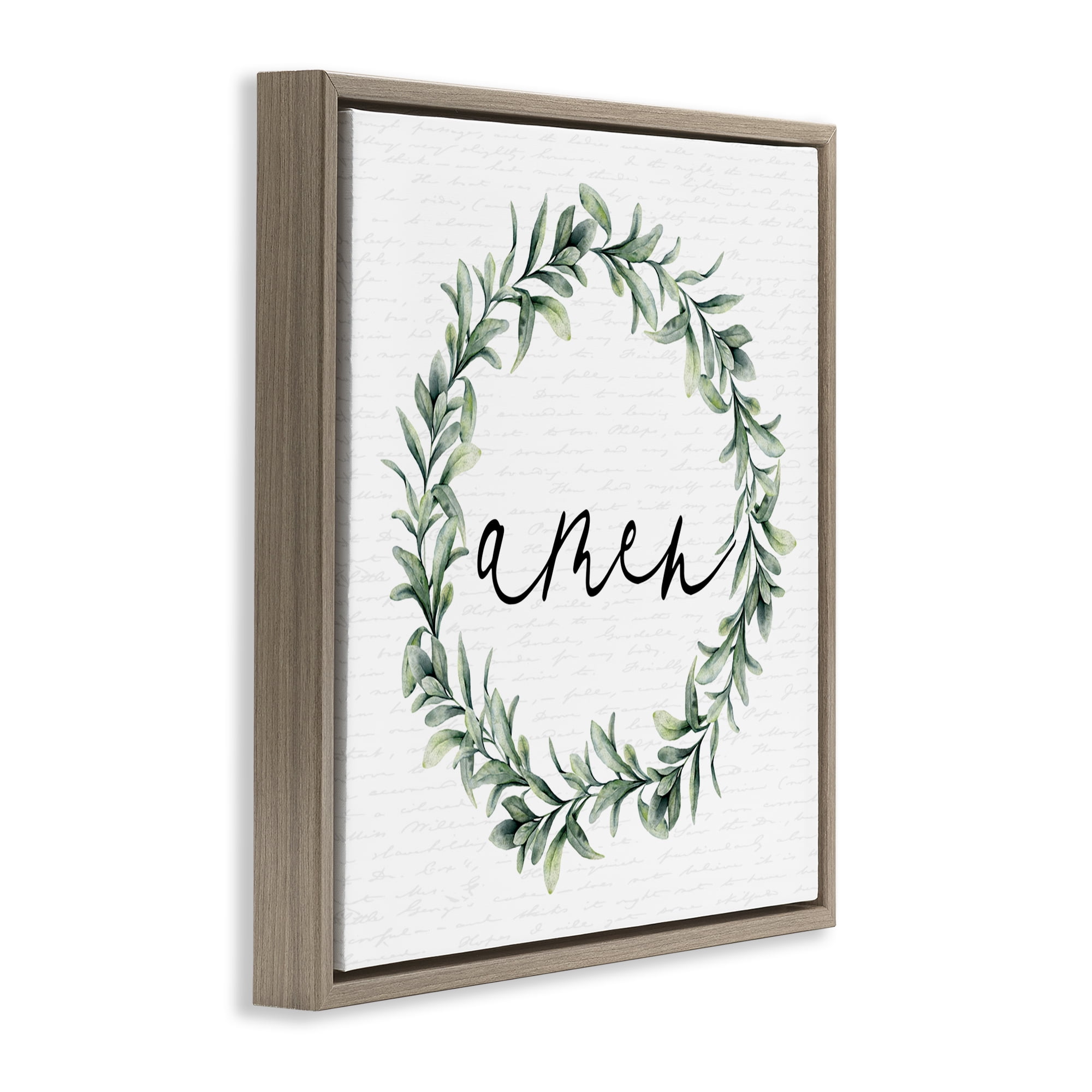 Amen Botanical Wreath & Script Brown Framed Floater Canvas Wall Art, design by Lettered and Lined