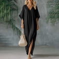 thumbnail image 2 of GUACER Womens Kaftan Maxi Dress Fashion Cotton Linen V Neck Boho Long Dress with Side Slit Loose Fit Beach Coverups, 2 of 6