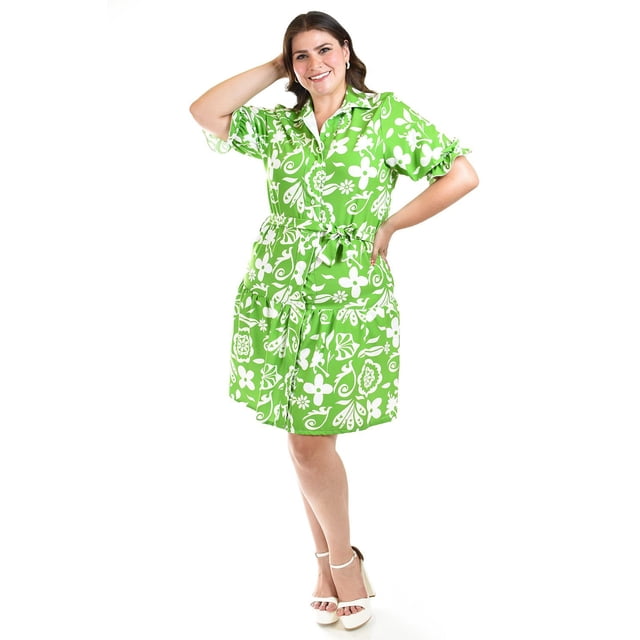 Vestido camisero con olan Roman Fashion /Tallas Extras, 4326 (Verde flores) verde 42