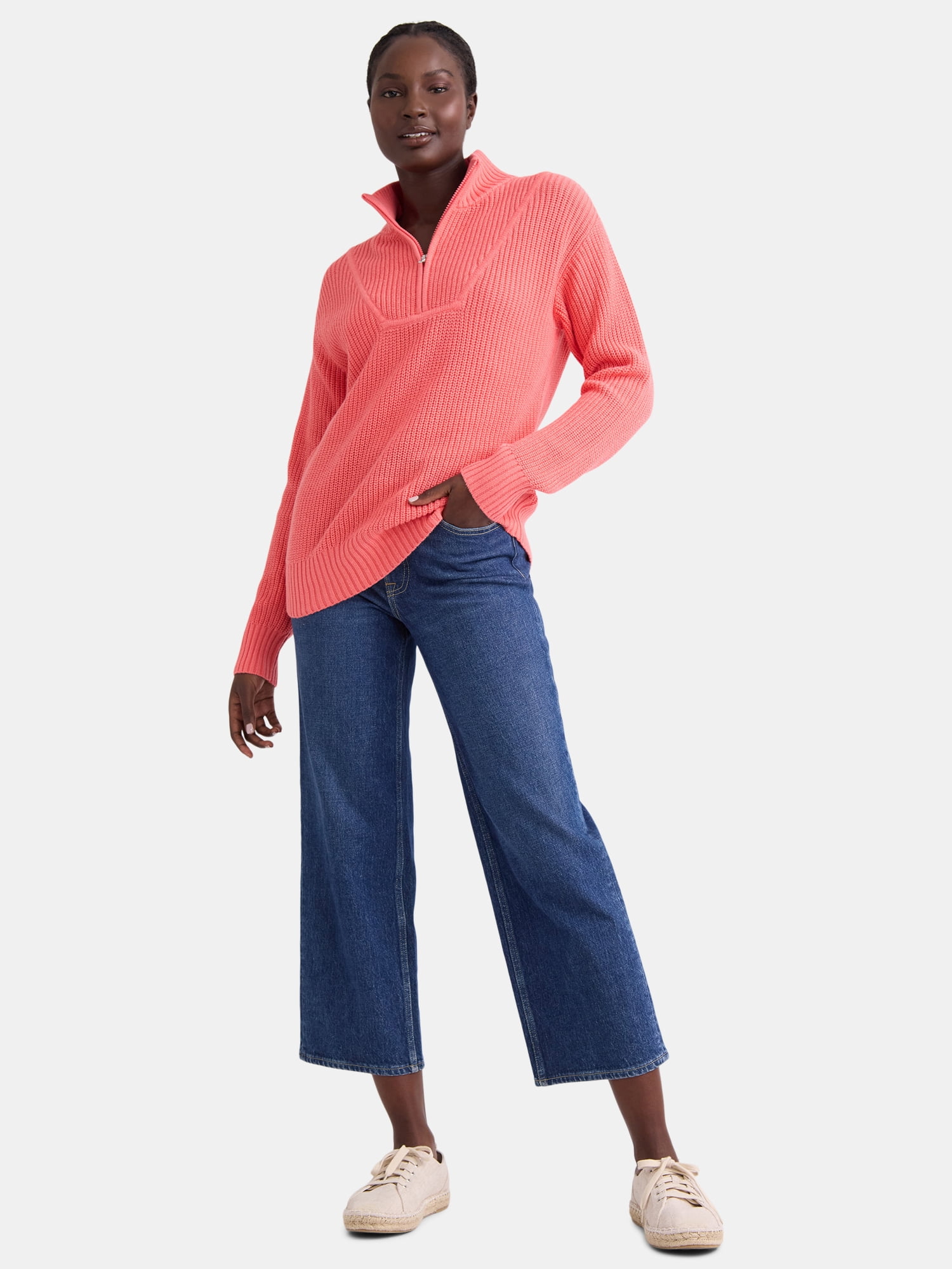Time and Tru Women's Half Zip Pullover Sweater, Midweight, Sizes XS-XXXL