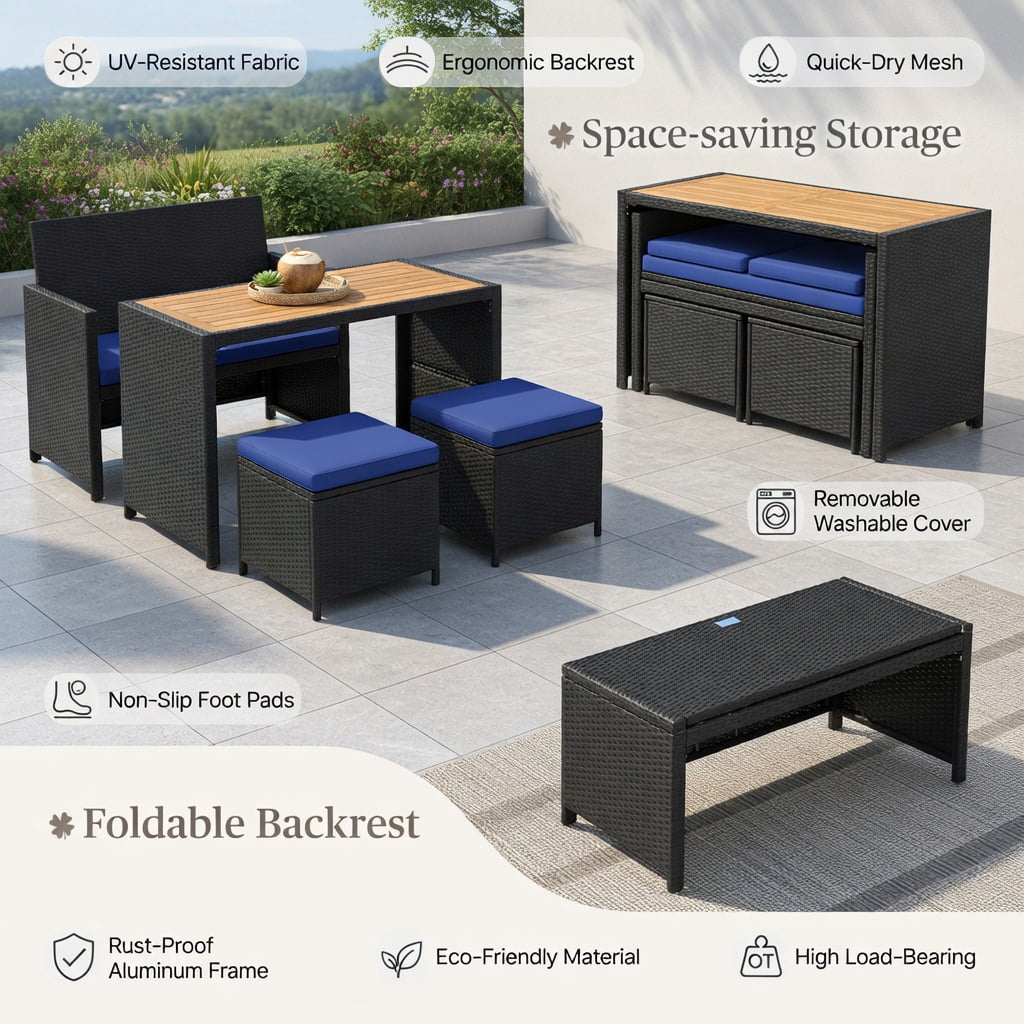 Hommoo 4-Piece Outdoor Dining Set, Acacia Wood Table, PE Rattan Loveseat & 2 Matching Ottomans for Patio, Backyard, Poolside, Navy