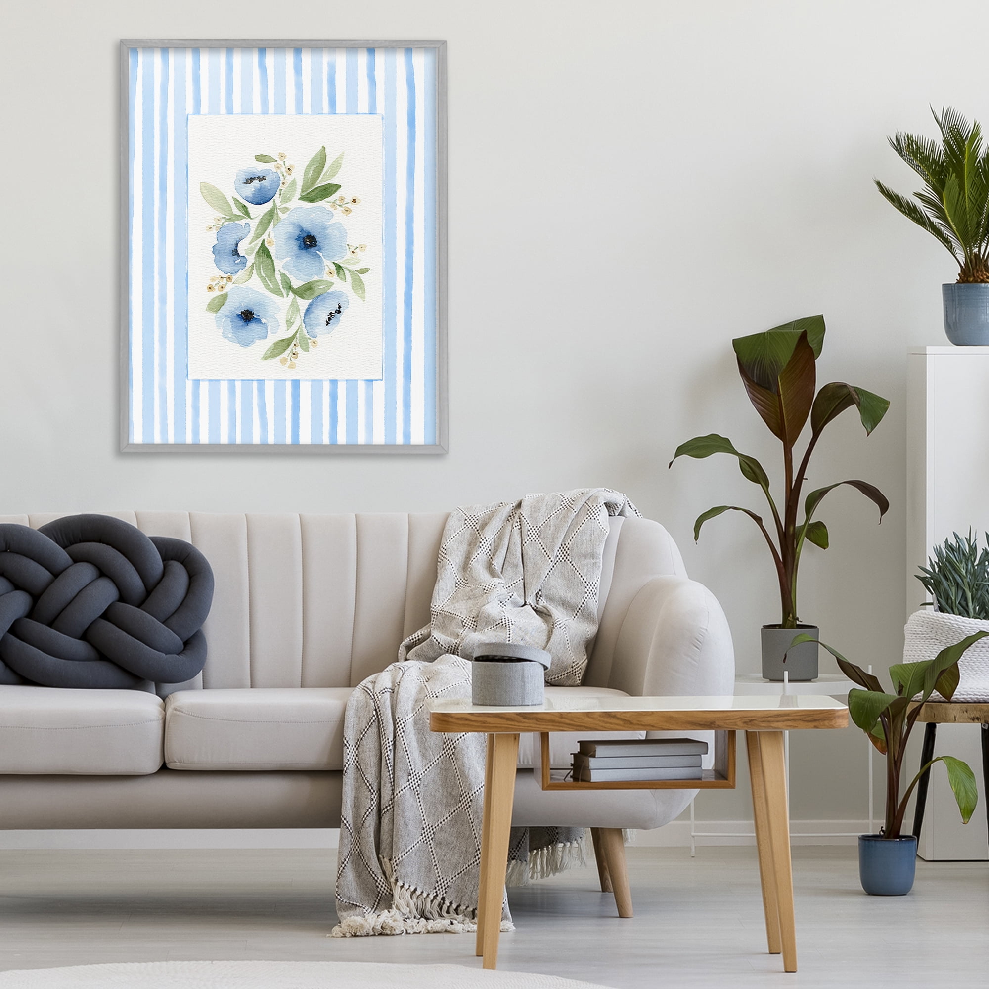 Stupell Industries Flowers With Stripe Border Gray Framed Giclee Art, design by Leah Noel Art