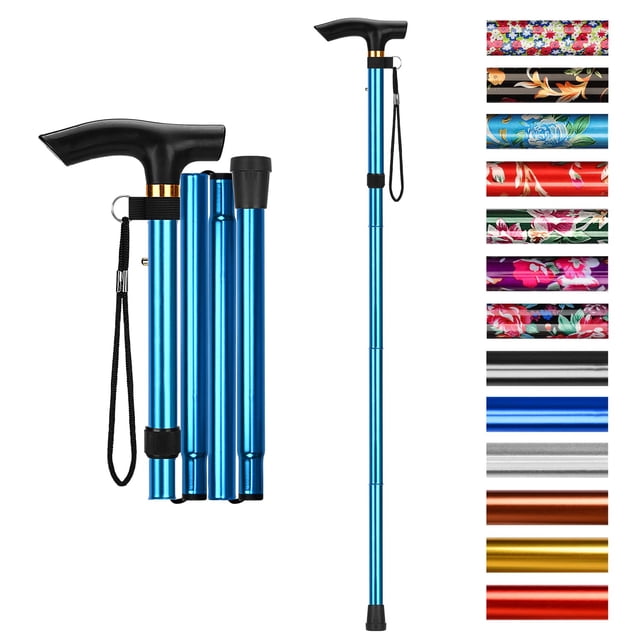 Bastón plegable Supregear, ajustable en 5 niveles de altura, ligero, plegable, portátil, de viaje, con correa de muñeca y mango en T, para personas mayores, discapacitadas, hombres y mujeres, azul