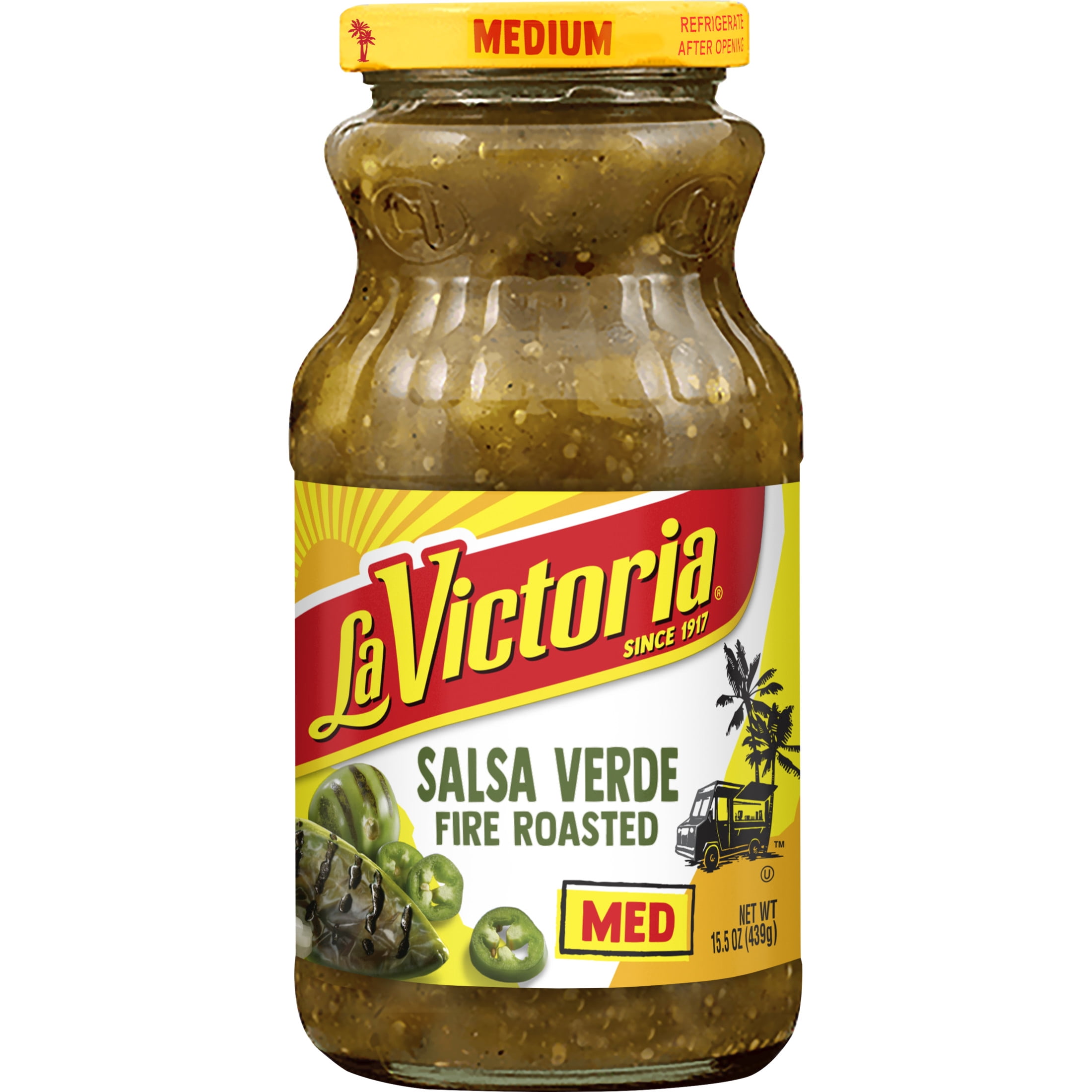 (3 pack) LA VICTORIA Salsa Verde Fire Roasted, Medium, Shelf Stable, 15.5 oz Glass Jar