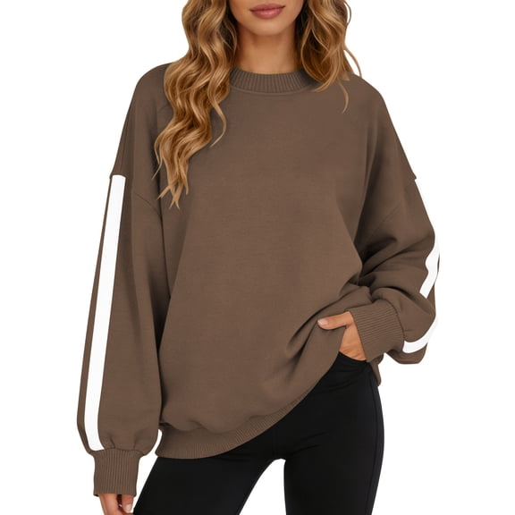 TEMOFON Womens Sweatshirts Fleece Lined Long Sleeve Shirts for Fall Tops Crew Neck Winter Clothes Fleece Lined Loose Fitting Tops for Women Brown L
