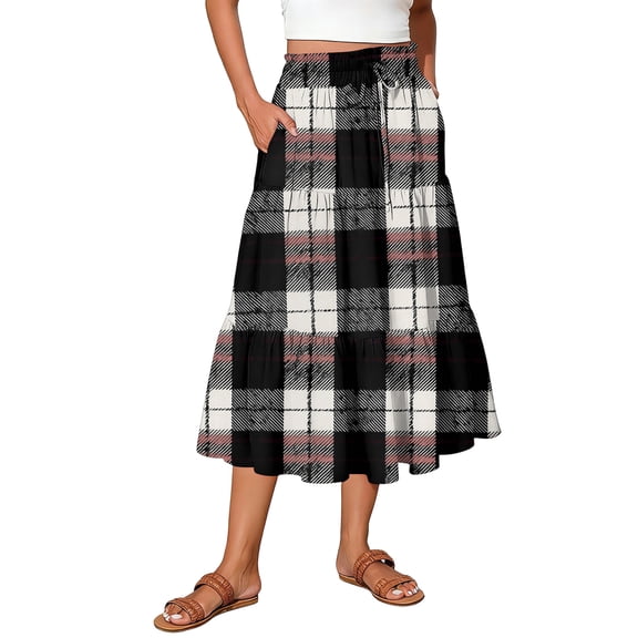 Delconic Ladies' plaid printed casual elastic waist drawstring skirt Black L