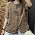 thumbnail image 3 of DuoJiaJ Linen Short Sleeve Round Neck Shirt For Women Vintage Loose Fit Cardigan Versatile Stylish Top For A Youthful Look. Women’s Wrinkle-Free Button-Down Shirts Yellow, 3 of 3