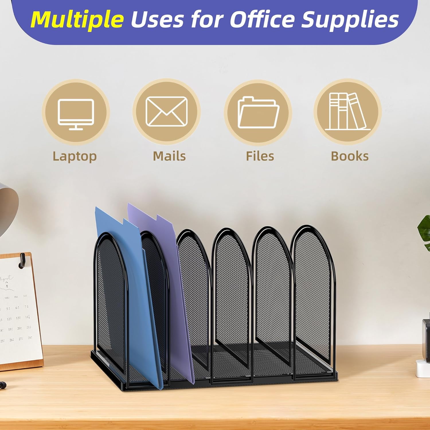 INTIGE 5 Compartment Metal Mesh File Organizer for Desk, Desk Folder Holder, Black, 1 Piece