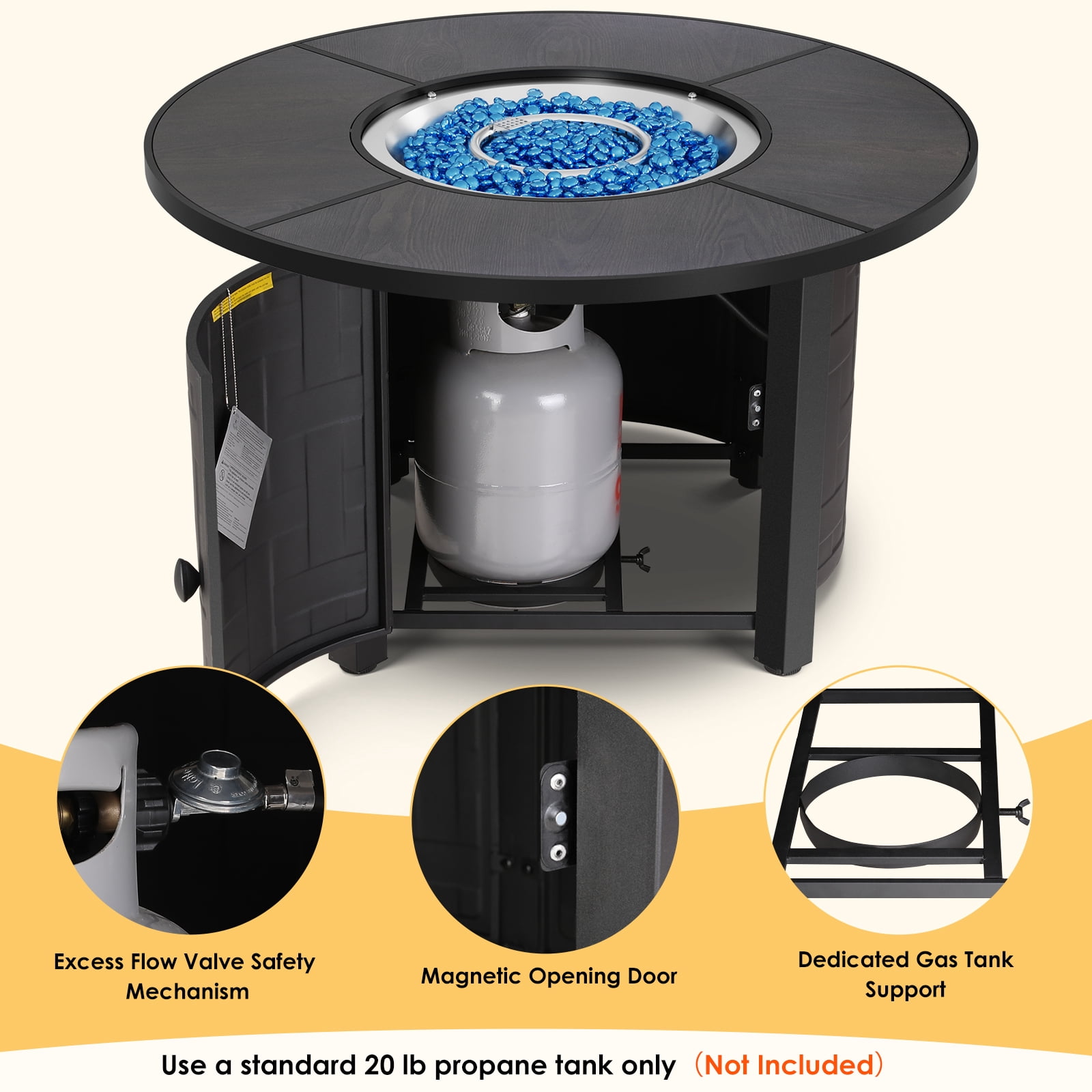 LIFERUN Propane Fire Pit Table 42 in, with Waterproof Cover, Blue Stone and Lid, 50,000 BTU Auto-Ignition Round Gas, for Outside Patio