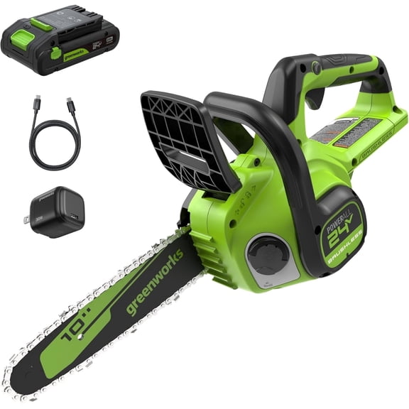 Greenworks 24V 10'' Brushless Chainsaw, 2.0Ah Battery and 30W Type-C Charger
