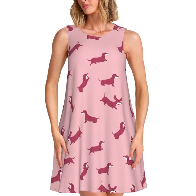 Xecao Teckel Chiot pour Robes d'Été pour Femmes Robes Décontractées de Plage Sans Manches T-Shirt Robe Évasée avec Poches