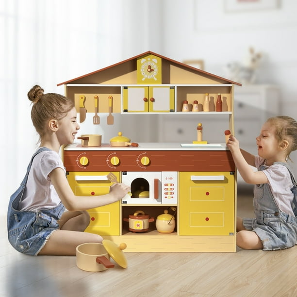 Kitchen Playset Kids Play Kitchen With 12 Piece Toy Accessories Set Wooden Pretend Play Kitchen Set For Kids Toddlers Gifts For Boys And Girls Yellow Walmart Com Walmart Com