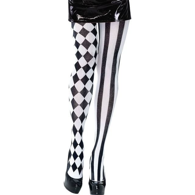 bristol novelty - medias para disfraz de arlequín para mujer señora (blanco/negro) Medias estampadas blancas y negras, una pierna con rombos y la otra con rayas verticales; vista frontal centrada hasta la falda corta, material 100% poliéster. Nota: falda y zapatos no incluidos. También se usan con frecuencia para presentaciones de baile o teatro.