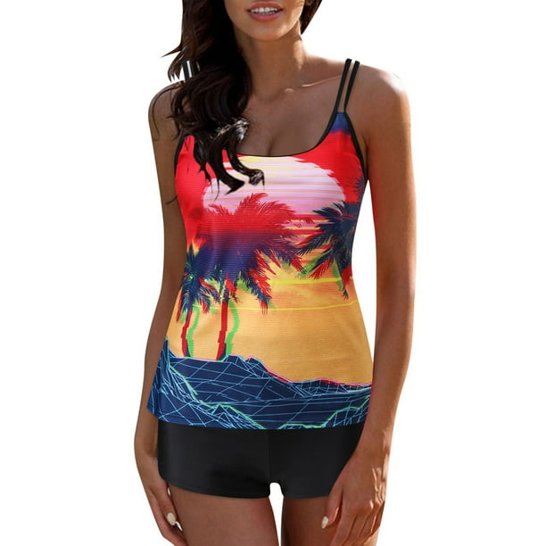 OAVQHLG3B Tankini Bathing Suit for Womens Swimsuits Boyshort Ruffle Tops Women Printed Strappy