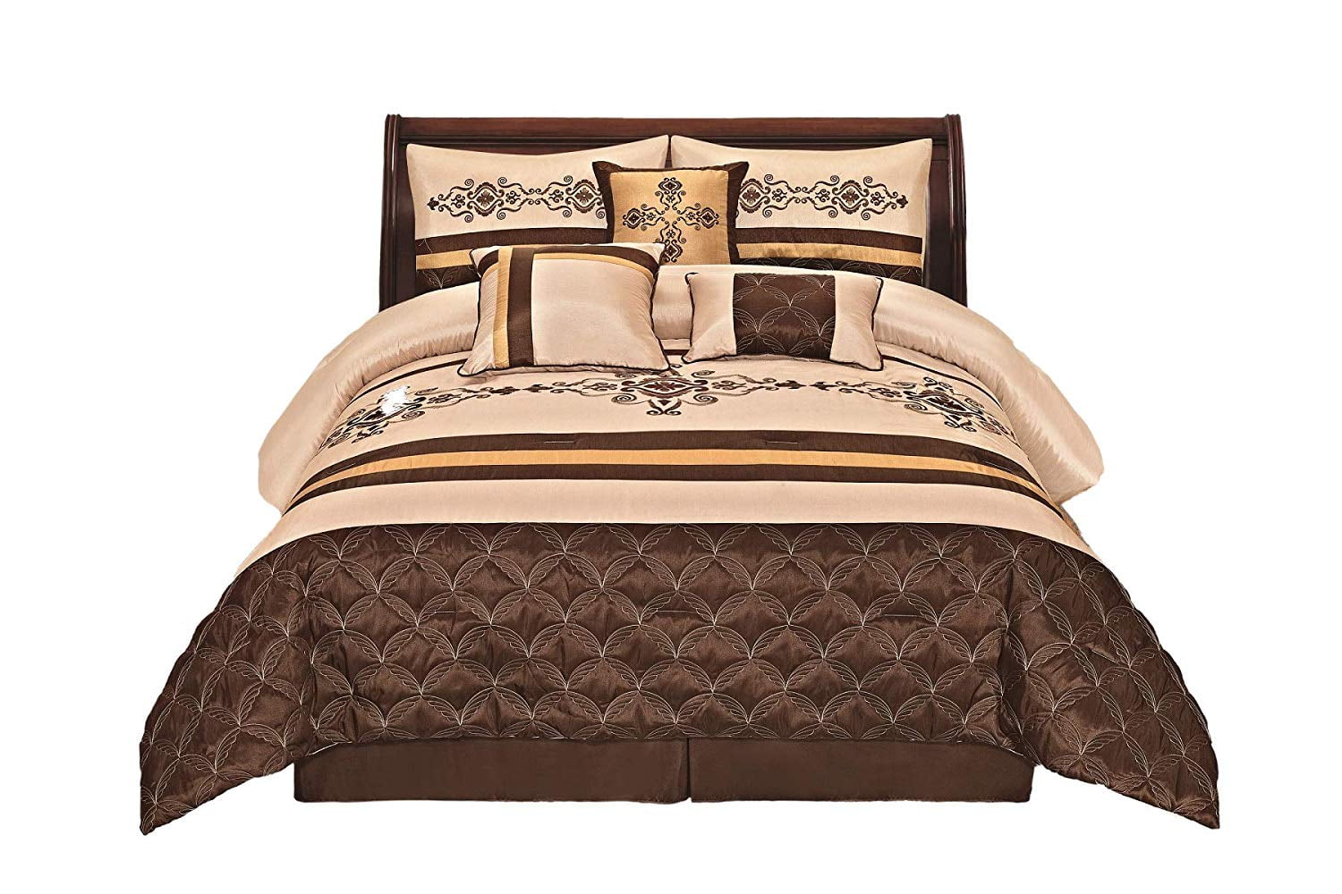 7 Pieces Complete Bedding Ensemble Beige Brown Gold Luxury Embroidery