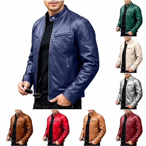 Zynoxe Plus Size Leather Jacket for Men Classic Stand Collar Full Zip Jacket Fashionable Vintage Solid Color Moto Coat Lightweight Long Sleeve Fall Winter Jacket with Zipper Pockets S