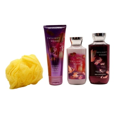 Twilight Woods Loofah 4 Pc Set 8 oz Body Lotion Body Cream, 10 oz Shower Gel and Loofah