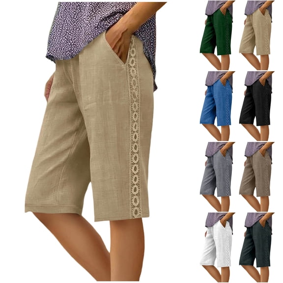 Bloomae Women Linen Shorts Lightweight Casual Drawstrign Elastic Waist Knee Length Bermuda Shorts Fashion Lace Hollow Side Summer Beach Lightweight Capri Pants with Pockets Brown XXL