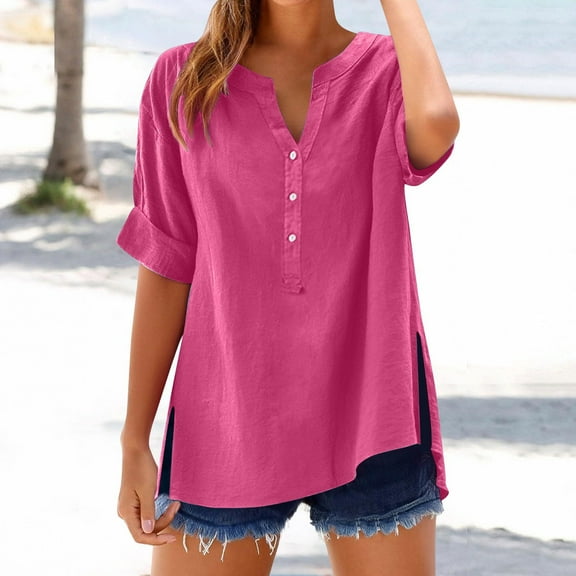 FAVIPT Linen Shirts for Women Button Down Tops Summer Short Sleeve Cotton Linen V Neck T-Shirt Solid Color Side Split Casual Gauze Tunic Blouses Plus Size 2025 Hot Pink,S