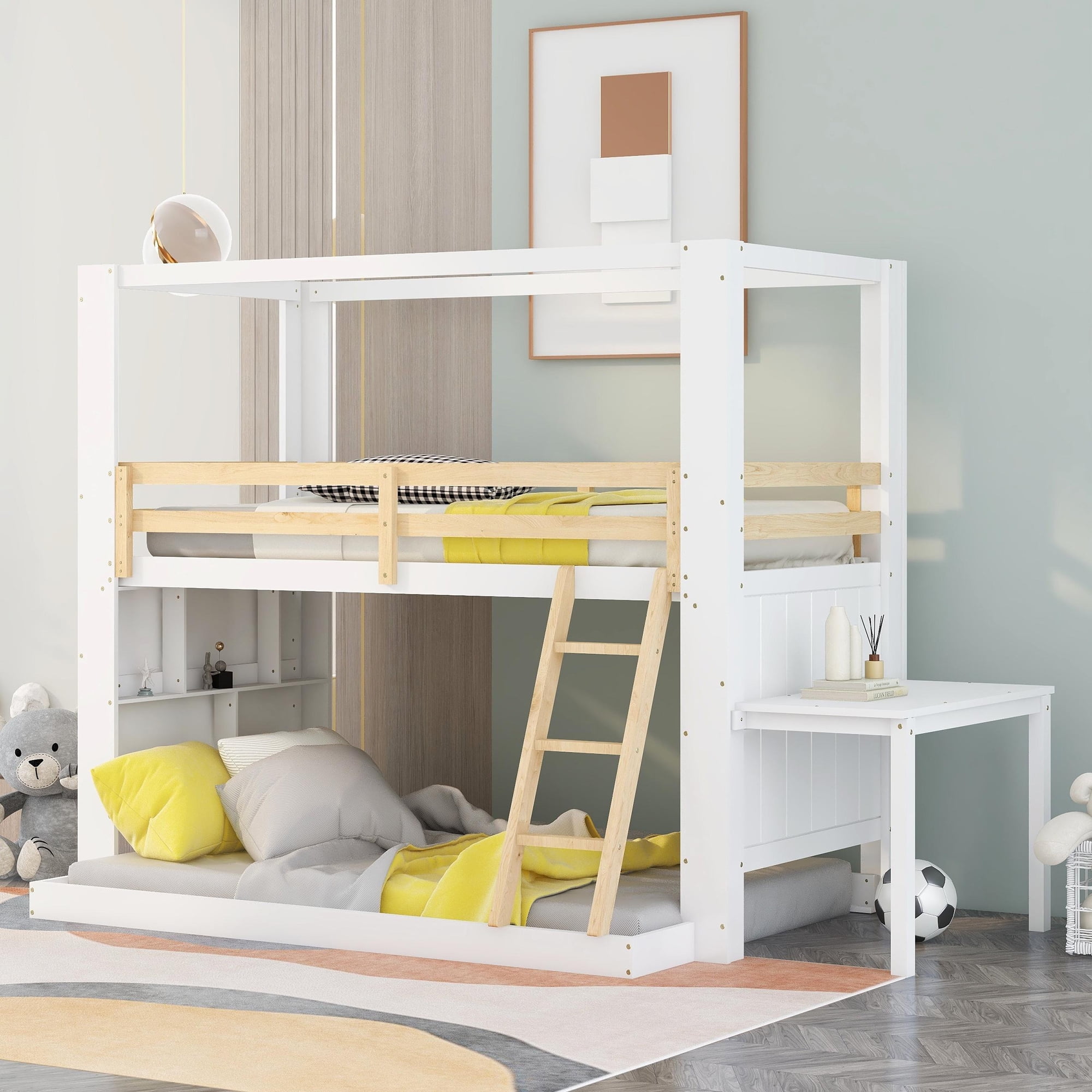 CLEARANCE! Twin Over Full Bunk Bed with Desk Storage Shelves.Reinforced
