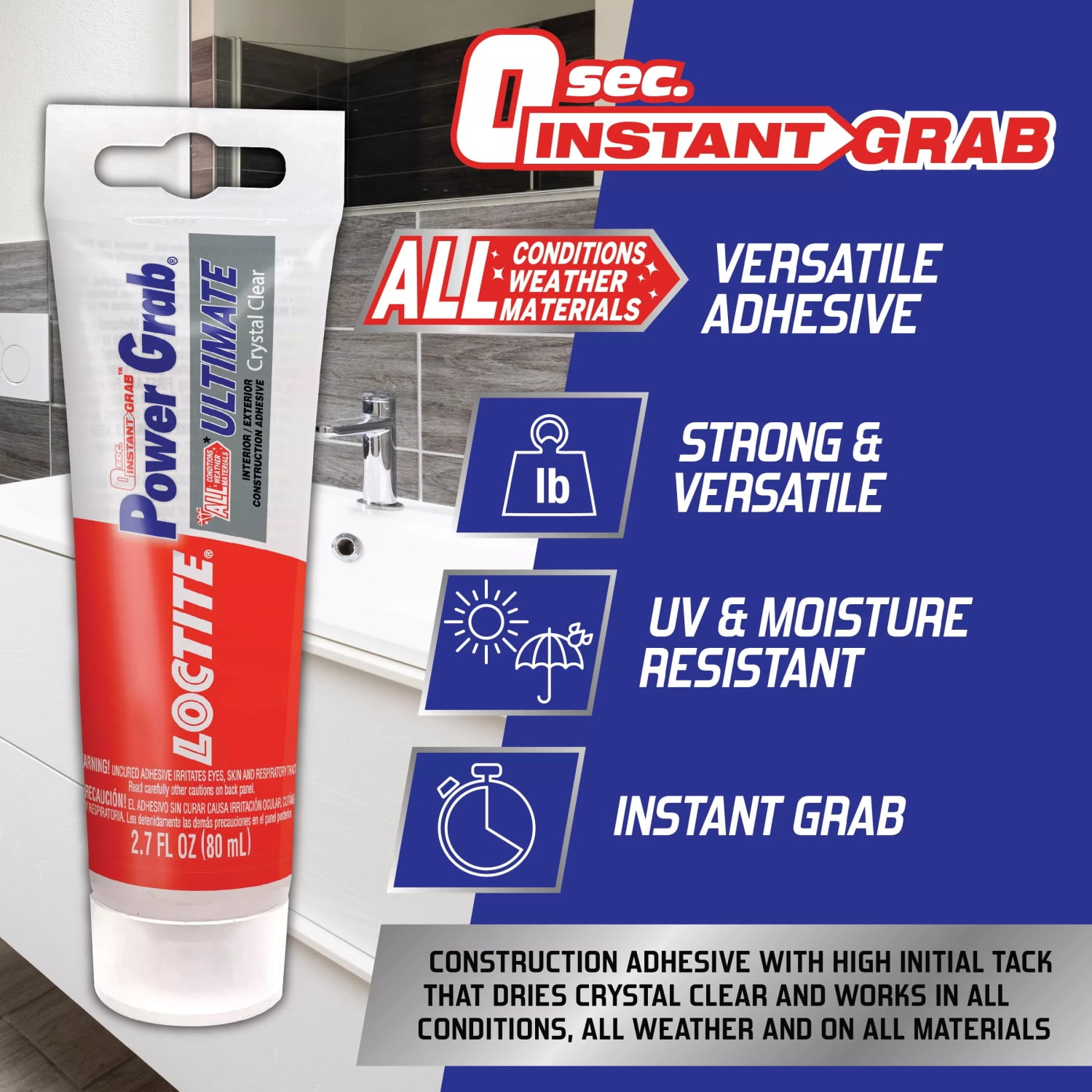 (2 pack) Loctite Power Grab Construction Adhesive Ultimate Crystal Clear, Pack of 1, Clear 2.7 fl oz Tube