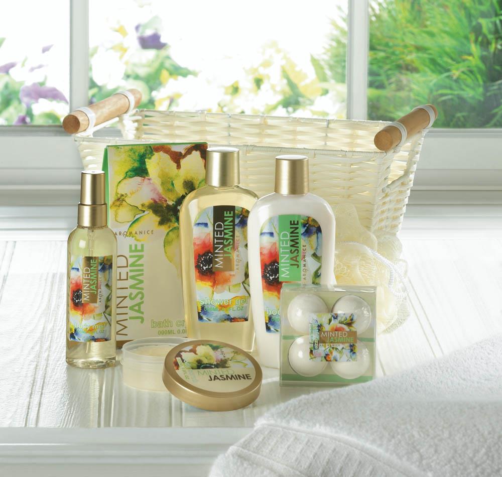 Minted Jasmine Bath and Body Gift Basket Set with Scented Body Lotion