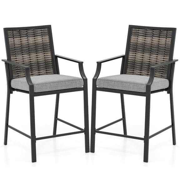 Biotree Set of 2 Patio Bar Stools 24-Inch Counter Height Wicker Bar Chairs with Cushions and Armrests, Grey
