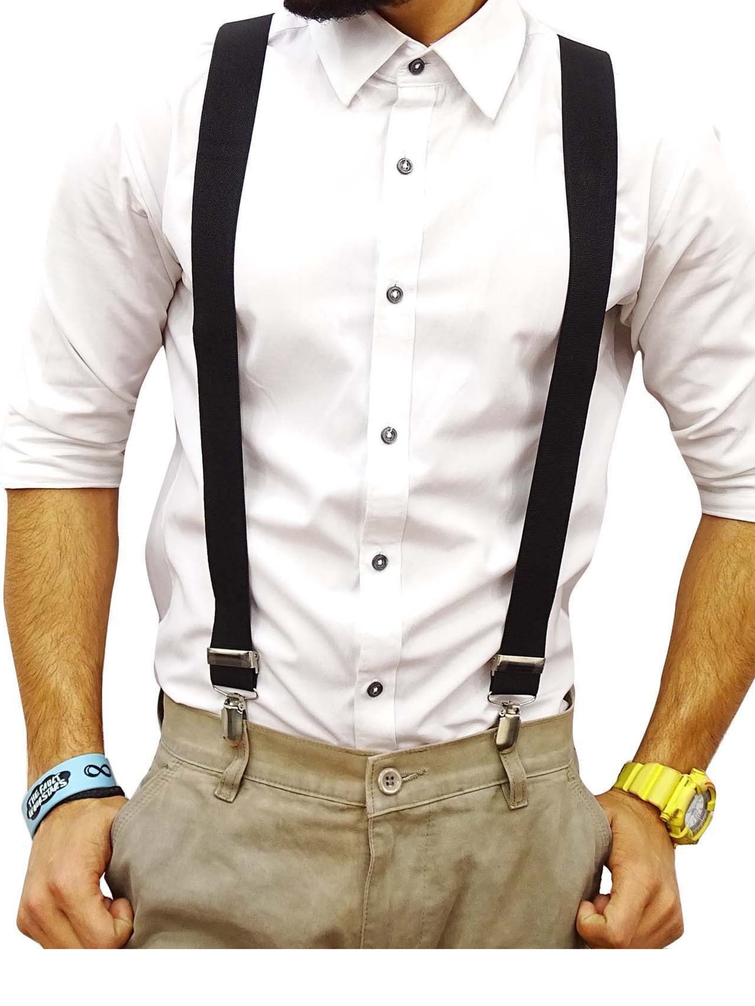 Details about   Mens 4 Colors Elastic Suspenders Leather Braces X-Back Adjustable Clip-on . 