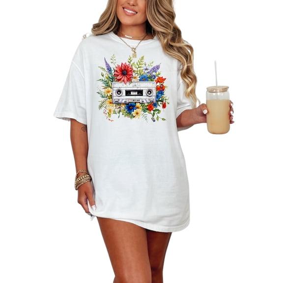 Retro Cassette Tape Floral Design Graphic Tee, Vintage Music Lovers Gift, 80s 90s Nostalgia Shirt, Unique Flower Art T-Shirt, White Comfort Colors T-Shirt, Small