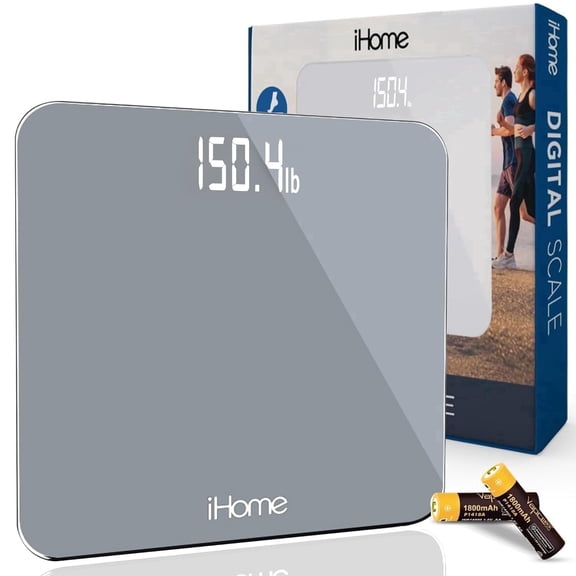 iHome Digital Battery Powered Bathroom Scale with Backlit LCD 400 lbs Capacity, Gray