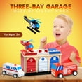 thumbnail image 6 of Rescue Station Kids Playset - 2-Level, 3-Bay Parking Garage Toy Set with Fire Truck, Ambulance, Police Car, and 3 Rescue Helicopters - Wooden Toy Rescue Vehicles for Kids Ages 3 and Up, 6 of 7