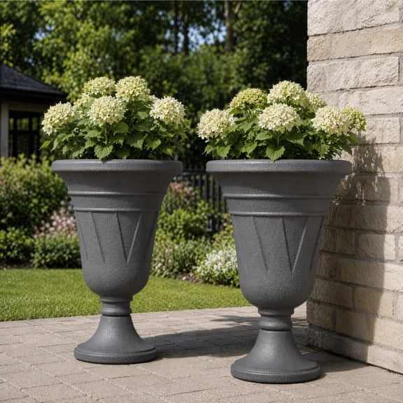 TopComfy 23.6" Tall Plastic Urn Planters Set of 2, Heavy-Duty Indoor or Outdoor Flower Pots with Drainage Holes and Classic Trophy Design for Porch, Garden & Home, Gray